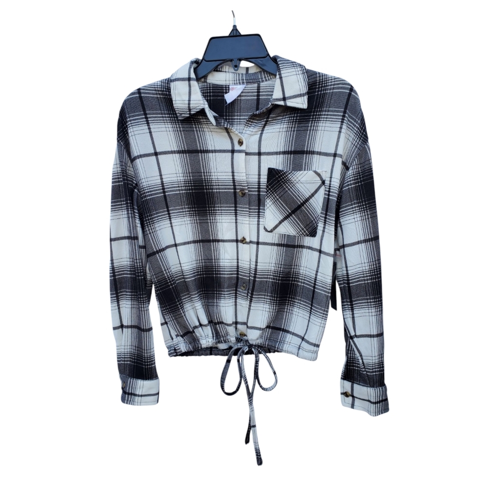 No Boundaries Plaid Button-Up Drawstring Shirt